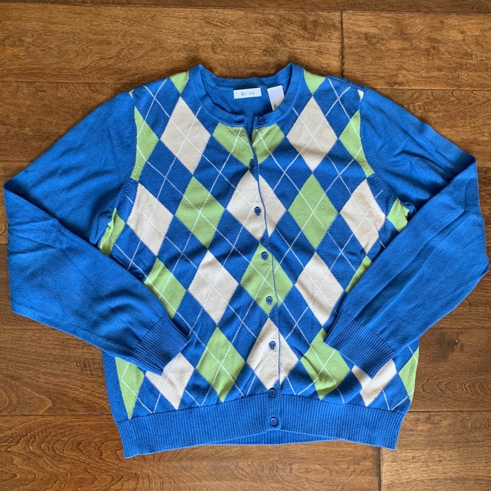 Liz & Co. Blue and Green Argyle Cardigan